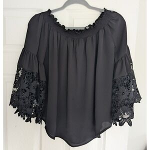 Black Off The Shoulder Bell Lace Sleeve Top Women's S‎ Whimsigoth Dark Romantic